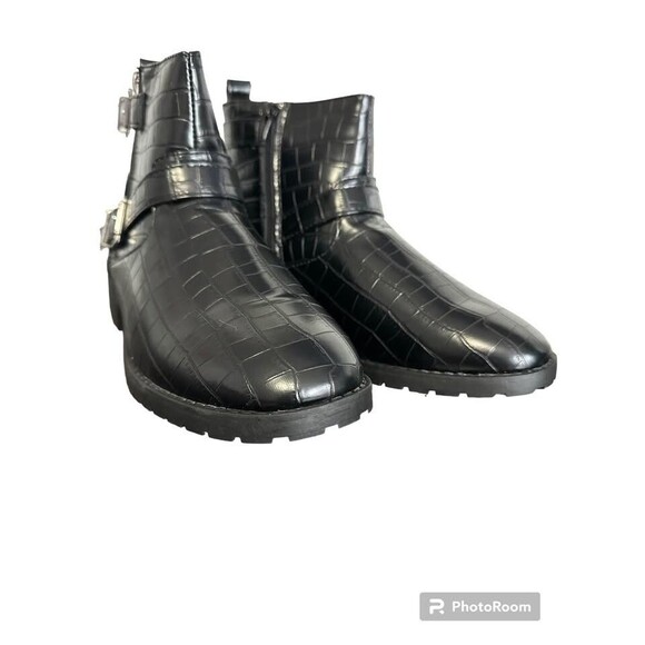 Tinstree Women's Round Toe Low Heel Slouchy Bootie Side Zipper & Buckle Strap 9 - Picture 3 of 9